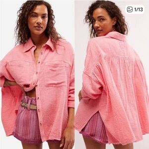 Free People Cardiff Cotton Gauze Button Up Shirt Pinky Promise Womens Large